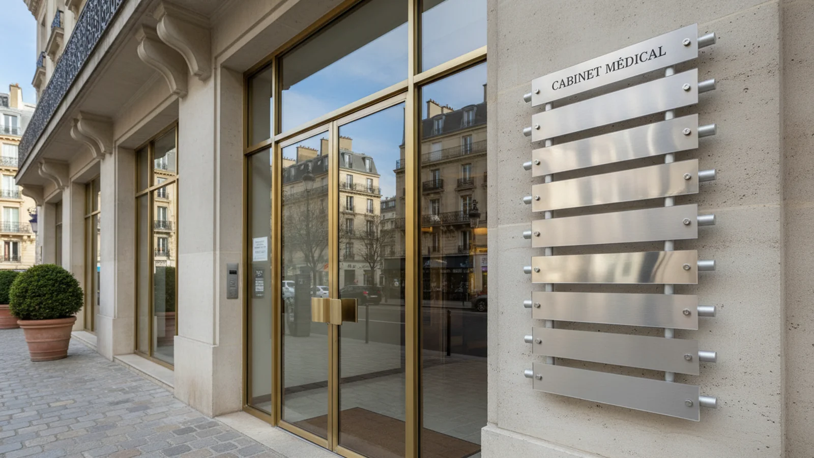 Plaque professionnelle gravée en aluminium brossé fixée par entretoises sur une façade de cabinet
