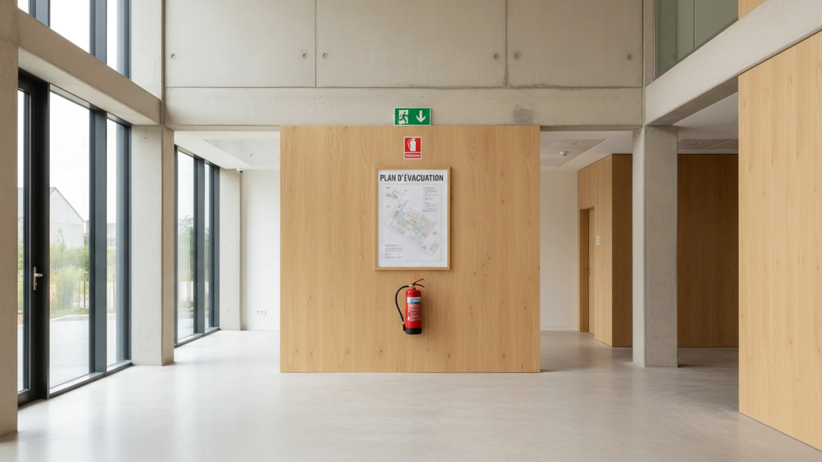 Pictogrammes de signalétique de sécurité incendie et évacuation dans un établissement recevant du public