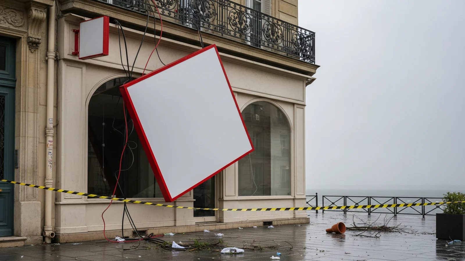 Enseigne de commerce décrochée et penchée après une tempête, à sécuriser avant remplacement
