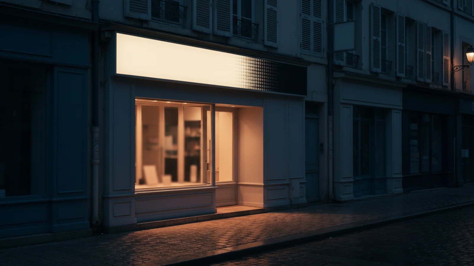 Caisson d'enseigne lumineuse partiellement éteint sur une façade de commerce le soir