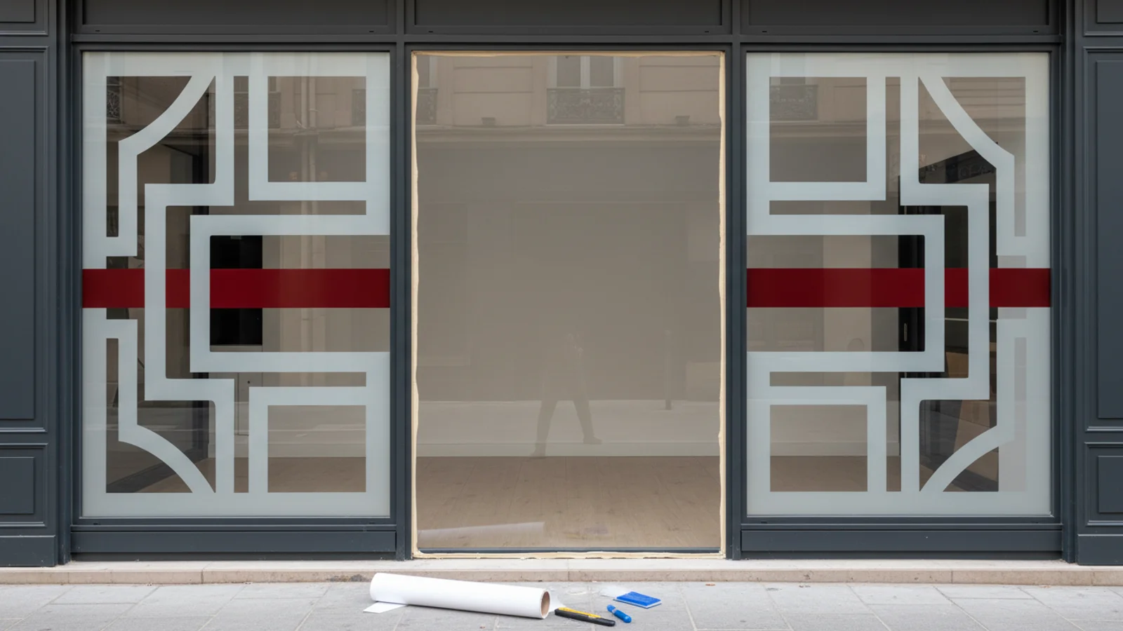 Vitrine de commerce dont le marquage logo et horaires a été refait après remplacement du vitrage