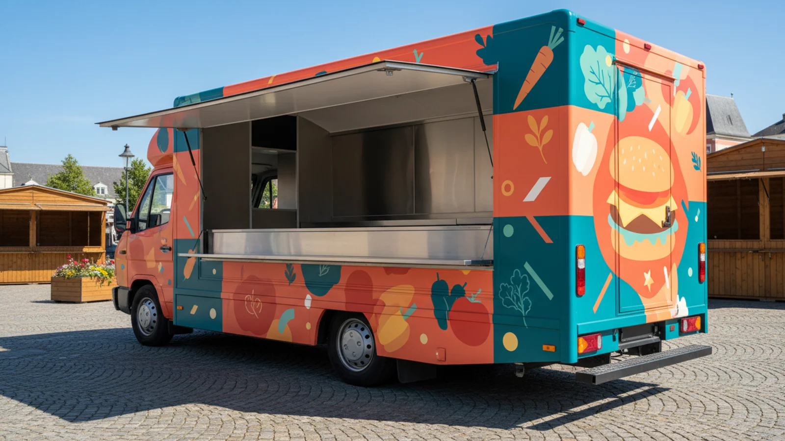 Food truck habillé d'un covering total aux couleurs d'un menu, visuel appétissant et nom du commerce lisible de loin