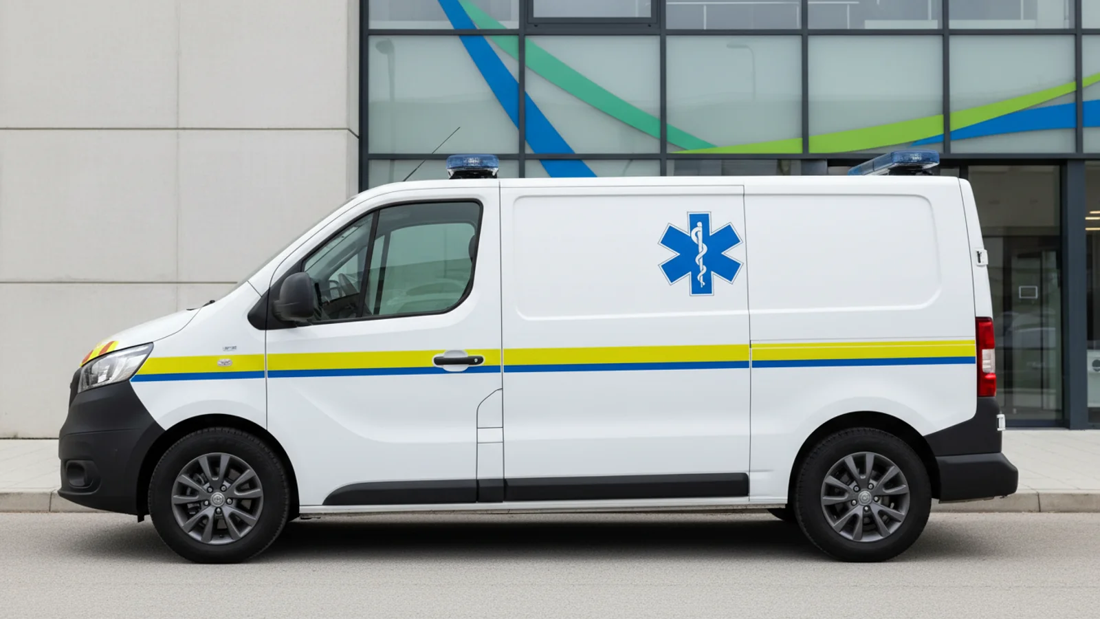 Ambulance floquée avec croix de vie et bandes rétroréfléchissantes réglementaires sur flanc latéral