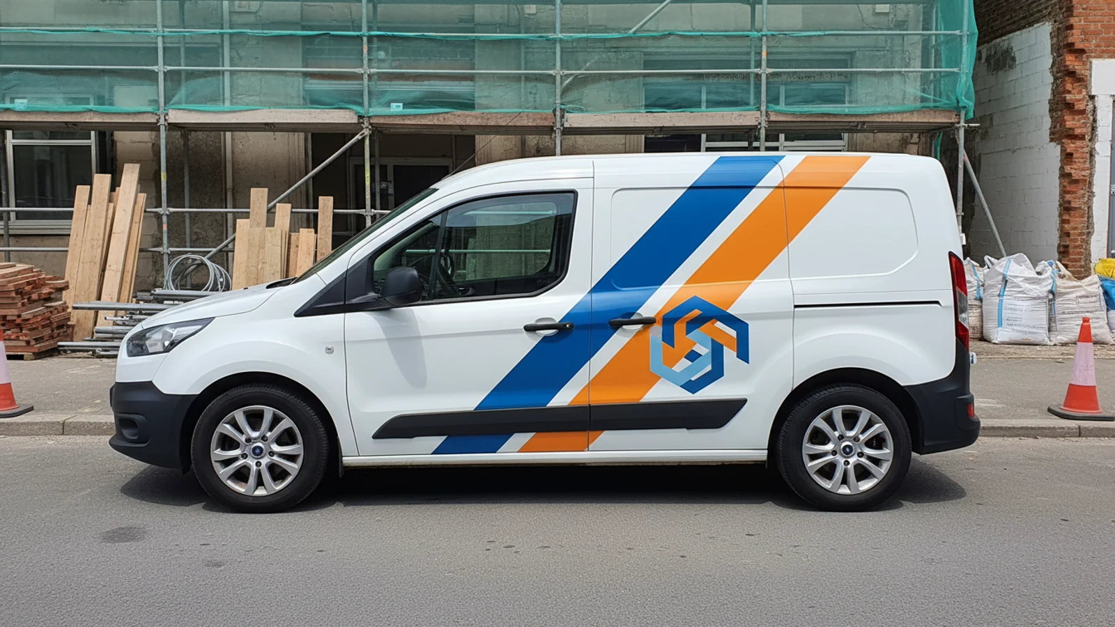 Utilitaire d'artisan floqué avec logo, métier et téléphone en gros sur le flanc latéral